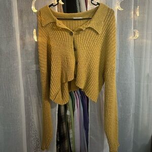 mustard yellow button up cardigan with collar